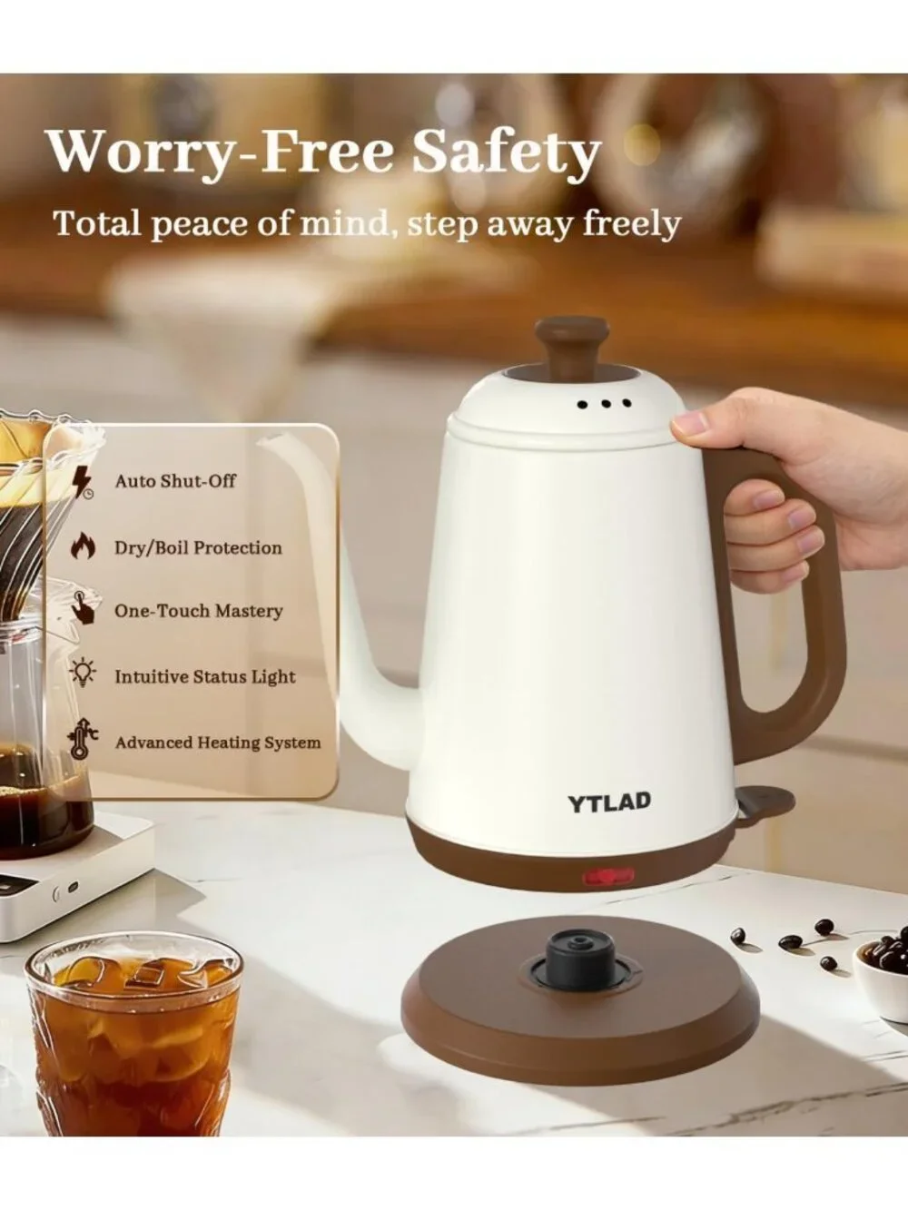1L Gooseneck Electric Kettle - Fast Boiling, Stainless Steel, Auto Shut-Off